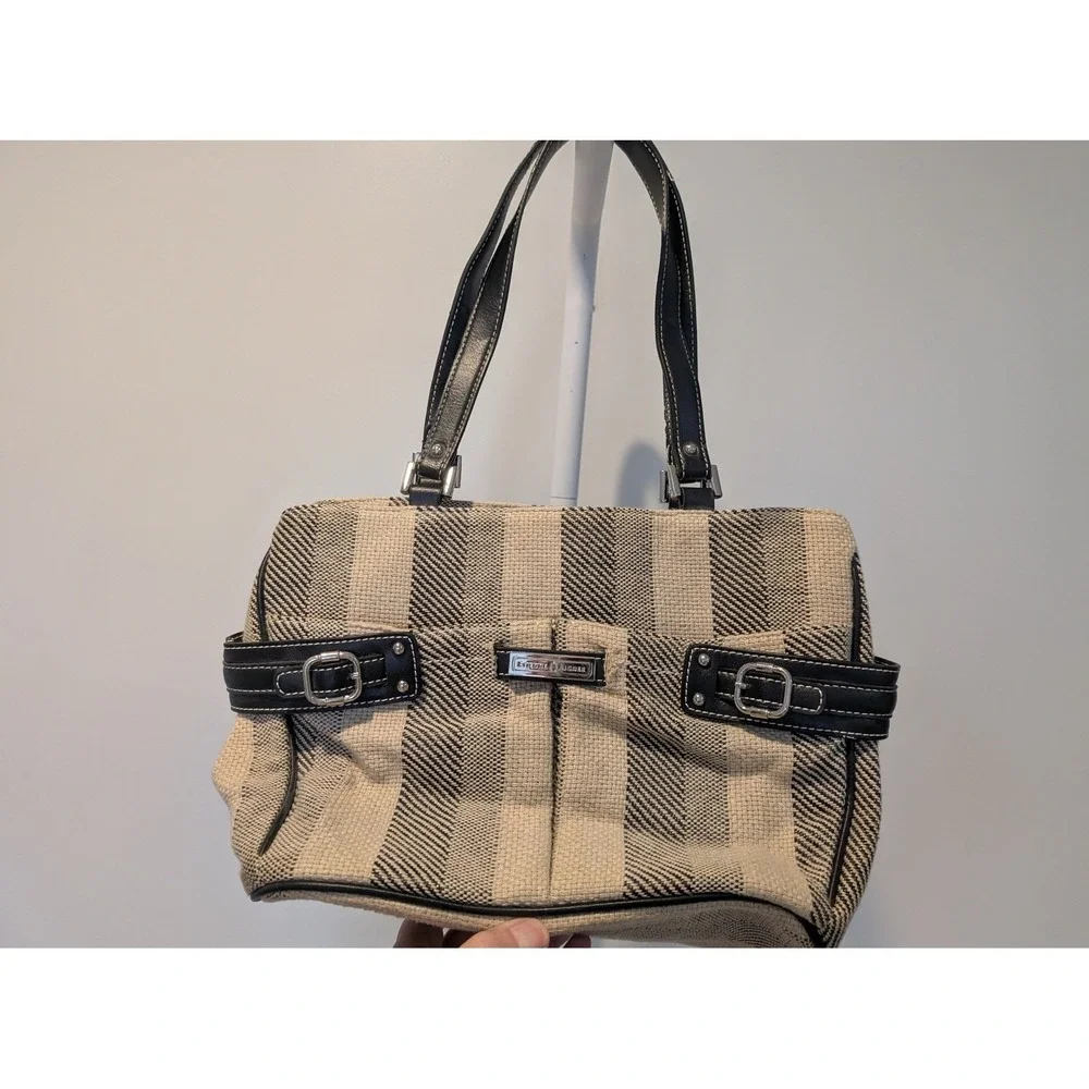 Etienne Aigner Linen Blend Shoulder Tote Bag Black Beige Leather Accents Women's